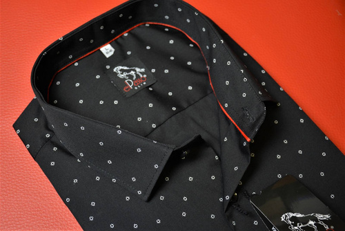 Koszula męska elegancka czarna grafika w białe wzory długi rękaw na guziki