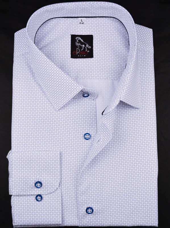 Elegancka wizytowa koszula męska, długi rękaw, biała w drobny granatowy wzor