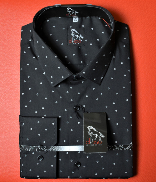  Koszula męska elegancka czarna grafika w białe wzory długi rękaw na guziki 