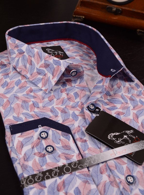 Koszula męska elegancka we wzory grafika liście długi rękaw na guziki.