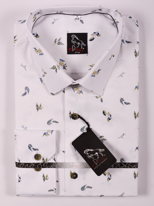 Koszula męska elegancka grafika liście zielone, gałązka długi rękaw na guziki