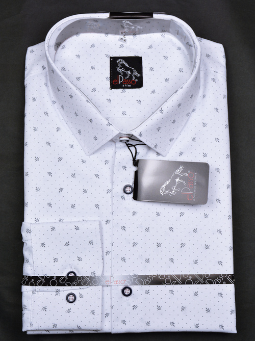 Koszula męska elegancka biała wizytowa grafika we wzory szare długi rękaw na guziki