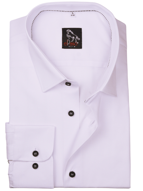  Koszula męska elegancka biała gładka z elastanem,  granatowy guzik