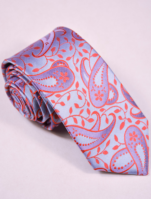  Krawat w kolorze niebieskim z grafiką czerwoną paisey w szerokie pasy