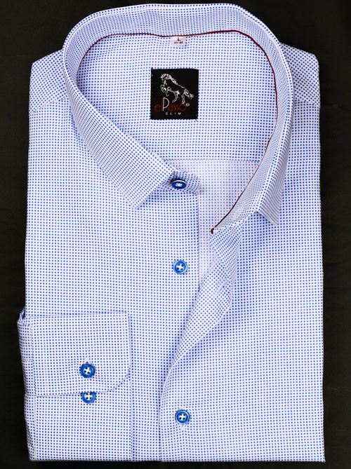 Elegancka wizytowa koszula męska, długi rękaw, biała w granatowe wzory