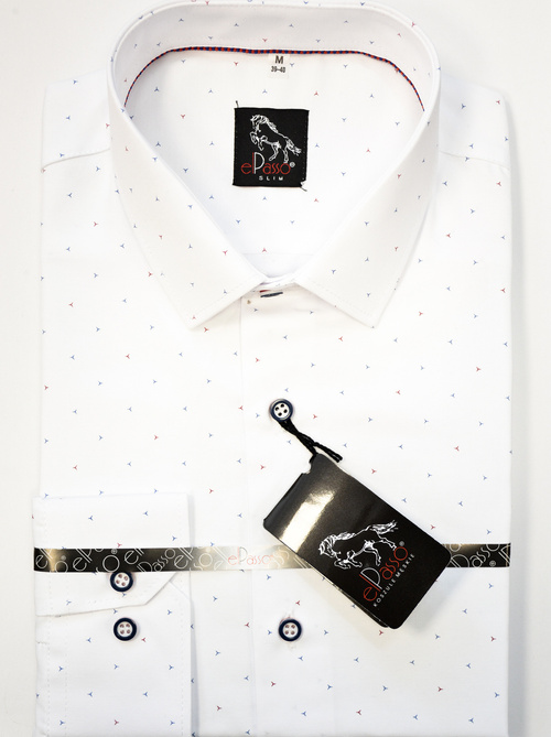 Koszula męska elegancka biała grafika w granatowe czerwone wzory długi rękaw na guziki