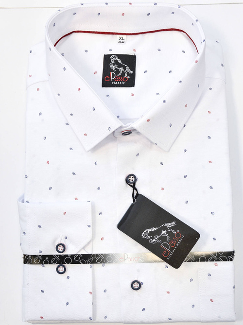 Koszula męska elegancka biała grafika w granatowe czerwone wzory długi rękaw na guziki