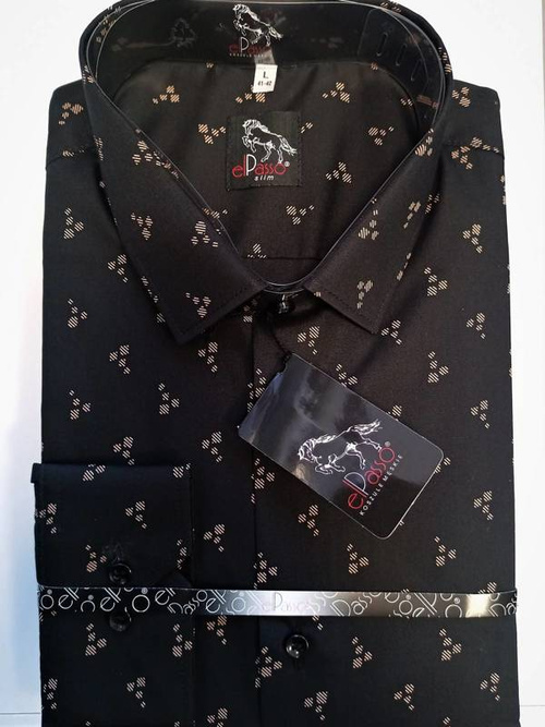 Koszula męska elegancka czarna we wzory długi rękaw na guziki