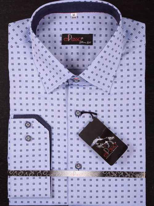 Koszula męska elegancka niebieska jednolita długi rękaw  na guziki