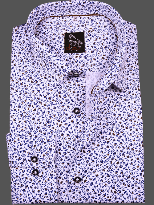 Elegancka wizytowa koszula męska, długi rękaw, biała w granatowo beżowe wzory