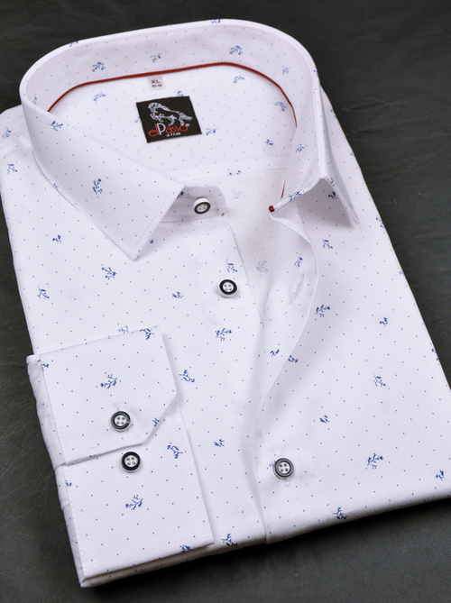 Elegancka wizytowa koszula męska, długi rękaw, biała w niebieski wzór