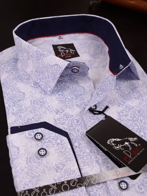  Koszula męska elegancka biała grafika w granatowe  wzory długi rękaw na guziki 