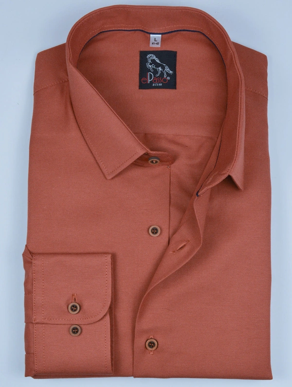 Koszula męska elegancka, gładka ruda, długi rękaw na guziki