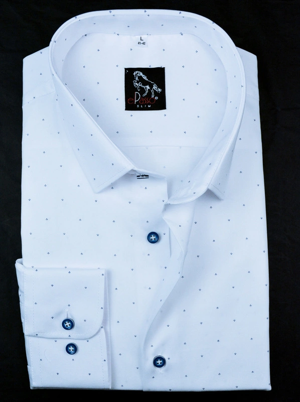 Elegancka wizytowa koszula męska, długi rękaw, biała w granatowe wzory