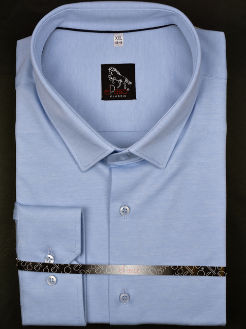 Koszula męska elegancka z dzianiny 100% bawełna, błękitna, jednolita długi rękaw na guziki