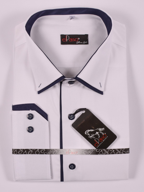 Koszula męska elegancka biała z granatowym kontrastem długi rękaw na guziki
