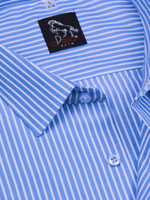 Elegancka wizytowa koszula męska, długi rękaw, niebieska w białe paski