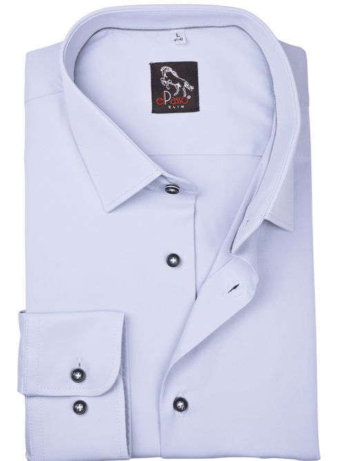  Koszula męska elegancka szara gładka z elastanem,  granatowy guzik