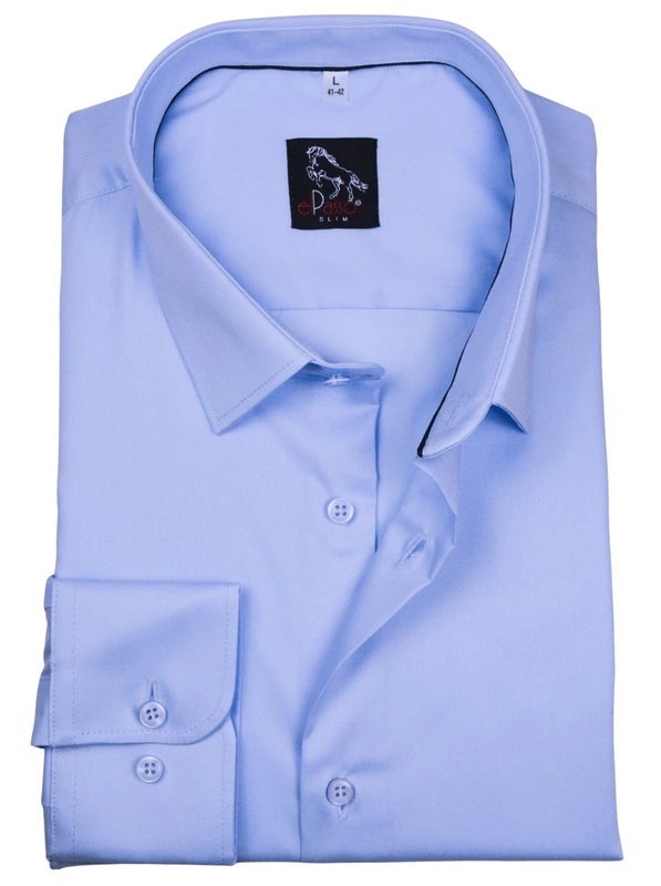Elegancka wizytowa koszula męska, długi rękaw, niebieska z elastanem