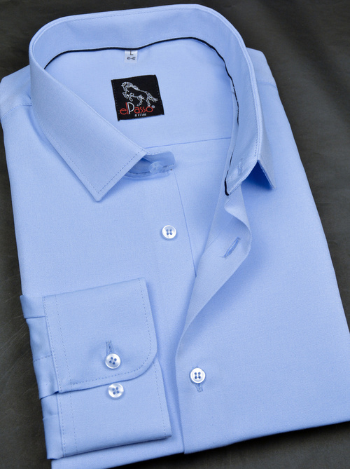 Koszula męska elegancka niebieska, jednolity mikrowzór, długi rękaw na guziki