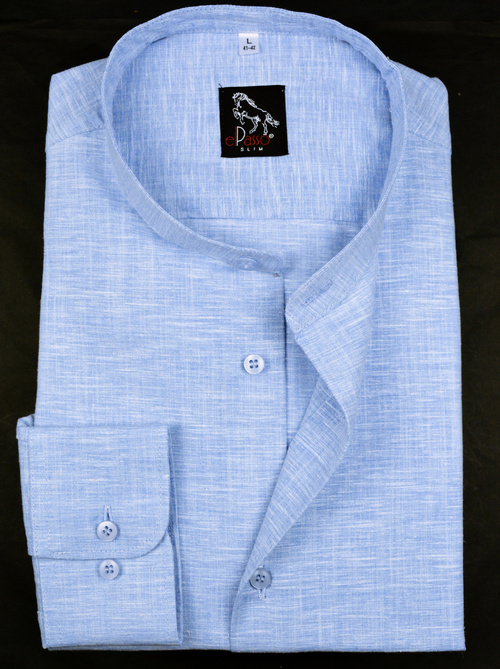 Koszula męska elegancka strukturalna w kolorze niebieskim ze stójką na długi rękaw