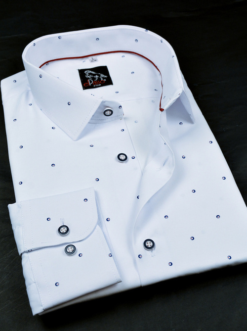 Elegancka wizytowa koszula męska, długi rękaw, biała w granatowo czerwony wzór