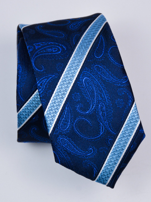Krawat granatowy   paisley w skośne pasy 