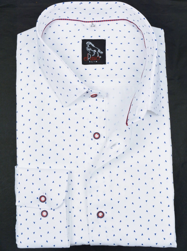 Elegancka wizytowa koszula męska, długi rękaw, biała w granatowe wzory