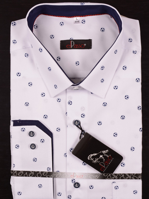 Koszula męska elegancka biała grafika w granatowe wzory długi rękaw na guziki