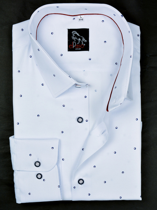 Elegancka wizytowa koszula męska, długi rękaw, biała w granatowo czerwony wzór