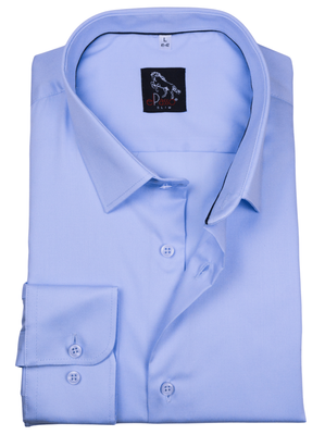 Elegancka wizytowa koszula męska, długi rękaw, niebieska z elastanem