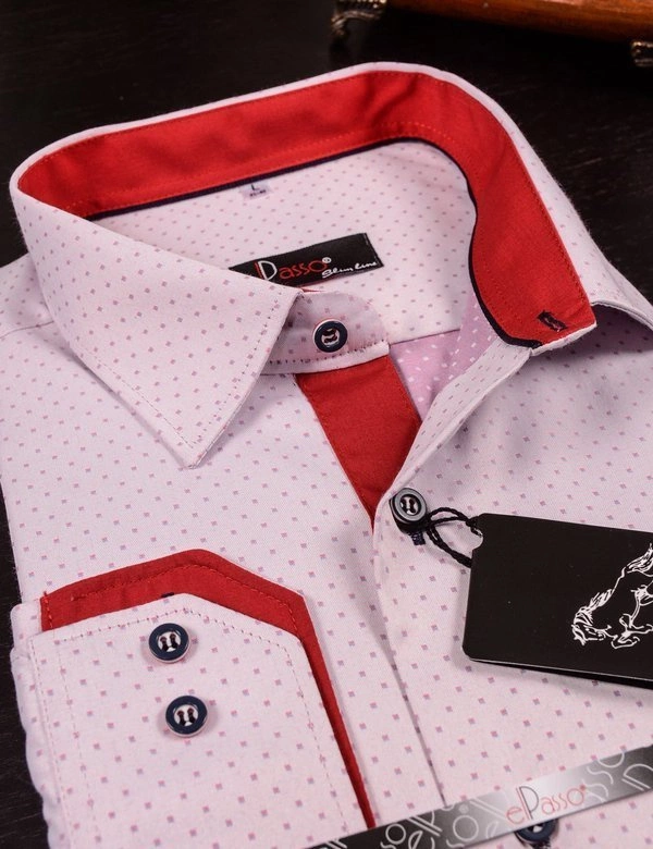 Koszula męska elegancka, wizytowa, różowa z czerwonym kontrastem długi rękaw  na guziki