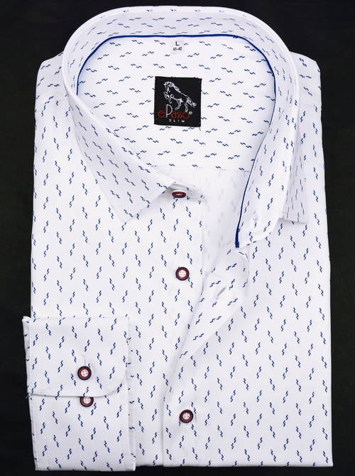 Elegancka wizytowa koszula męska, długi rękaw, biała w granatowe wzory