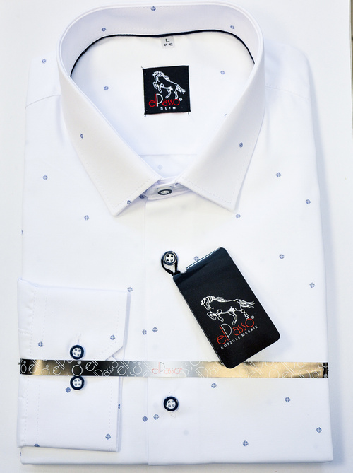  Koszula męska elegancka biała, grafika w granatowe wzory długi rękaw na guziki 