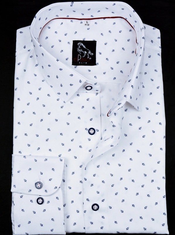 Elegancka wizytowa koszula męska, długi rękaw, biała w granatowe wzory