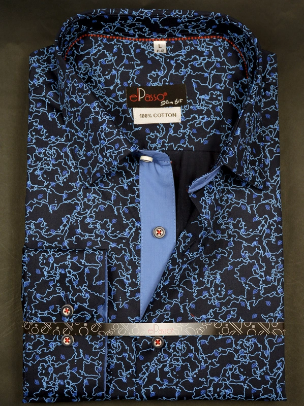 Koszula męska casual granatowa we wzory niebieskie liście długi rękaw na guziki