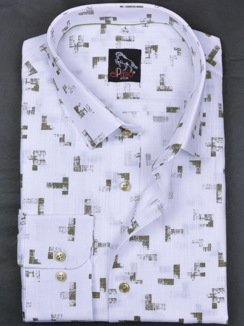 Koszula męska  biała we wzór, długi rękaw zapinana  na guziki
