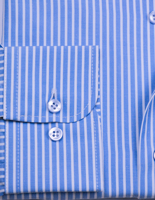 Elegancka wizytowa koszula męska, długi rękaw, niebieska w białe paski