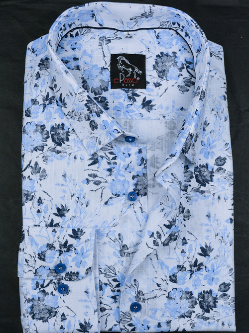 Elegancka wizytowa koszula męska, długi rękaw, biała w granatowe i niebieskie kwiaty
