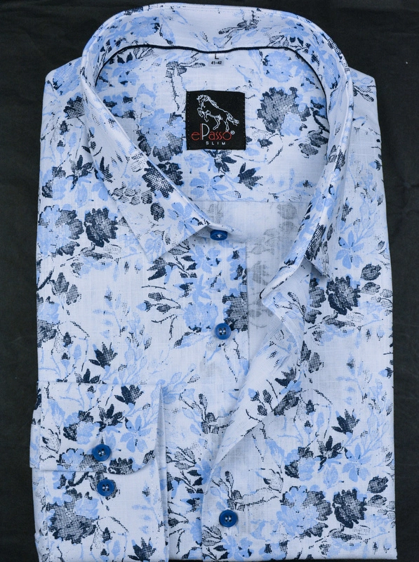 Elegancka wizytowa koszula męska, długi rękaw, biała w granatowe i niebieskie kwiaty 