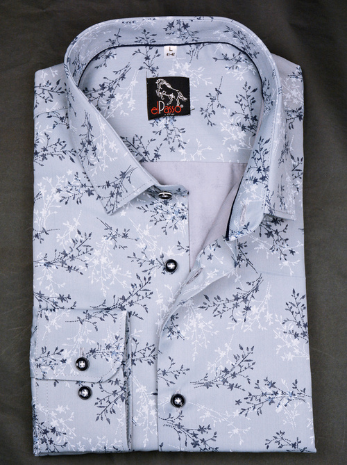 Koszula męska elegancka szara wizytowa wzór drobne gałązki długi rękaw na guziki