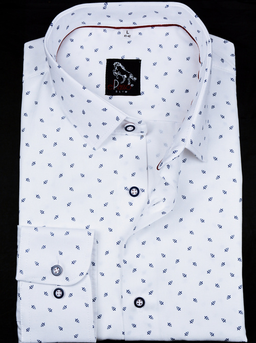 Elegancka wizytowa koszula męska, długi rękaw, biała w granatowe wzory