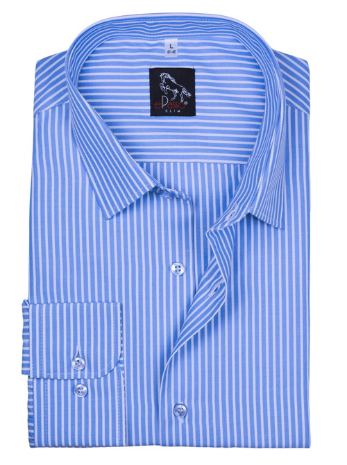 Elegancka wizytowa koszula męska, długi rękaw, niebieska w białe paski