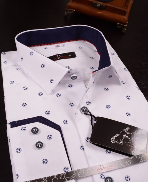  Koszula męska elegancka biała grafika w granatowe wzory długi rękaw na guziki 