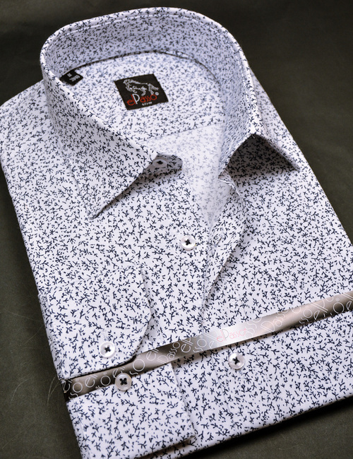 Koszula męska biała casual grafika wzór granatowe gałązki długi rękaw na guziki elastan