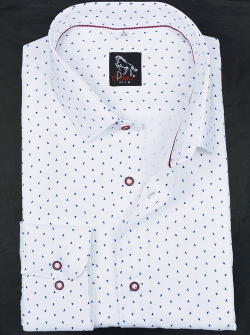 Elegancka wizytowa koszula męska, długi rękaw, biała w granatowe wzory