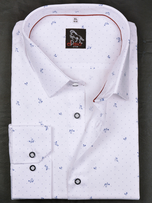 Elegancka wizytowa koszula męska, długi rękaw, biała w niebieski wzór