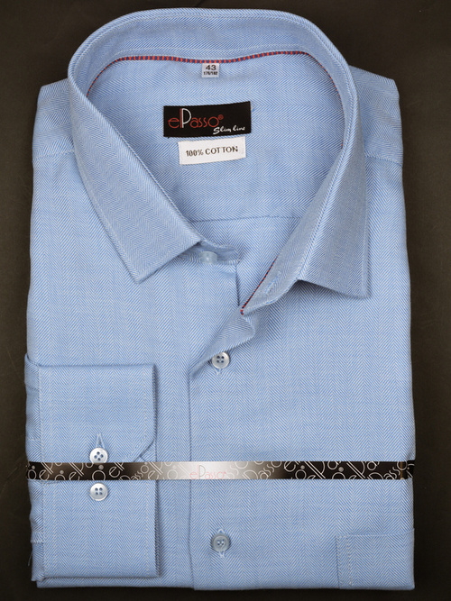 Koszula męska elegancka niebieska błękitna tkana w jodełkę długi rękaw na guziki