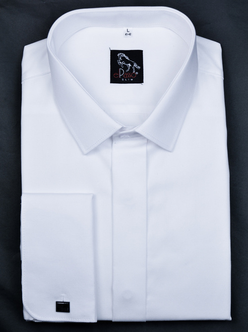 Koszula męska wizytowa elegancka ślubna biała długi rękaw kryta plisa wywijane mankiety na spinkę.