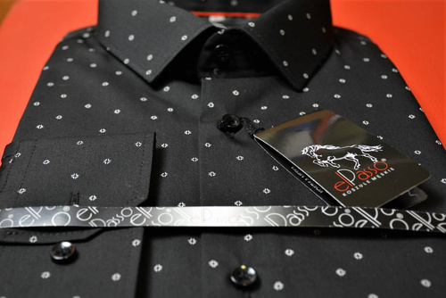 Koszula męska elegancka czarna grafika w białe wzory długi rękaw na guziki